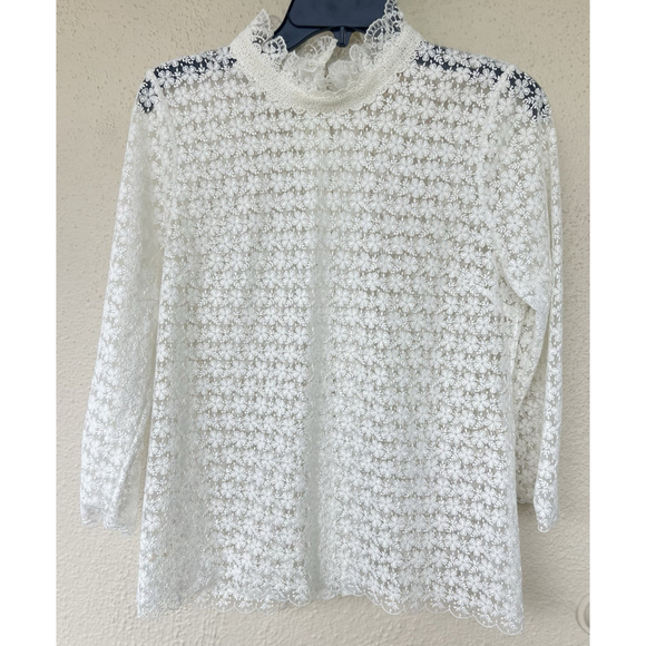 Sezane Amal Lace Sheer Mock Neck Blouse Size 38 Ecru Elegant Feminine Romantic - Picture 7 of 12